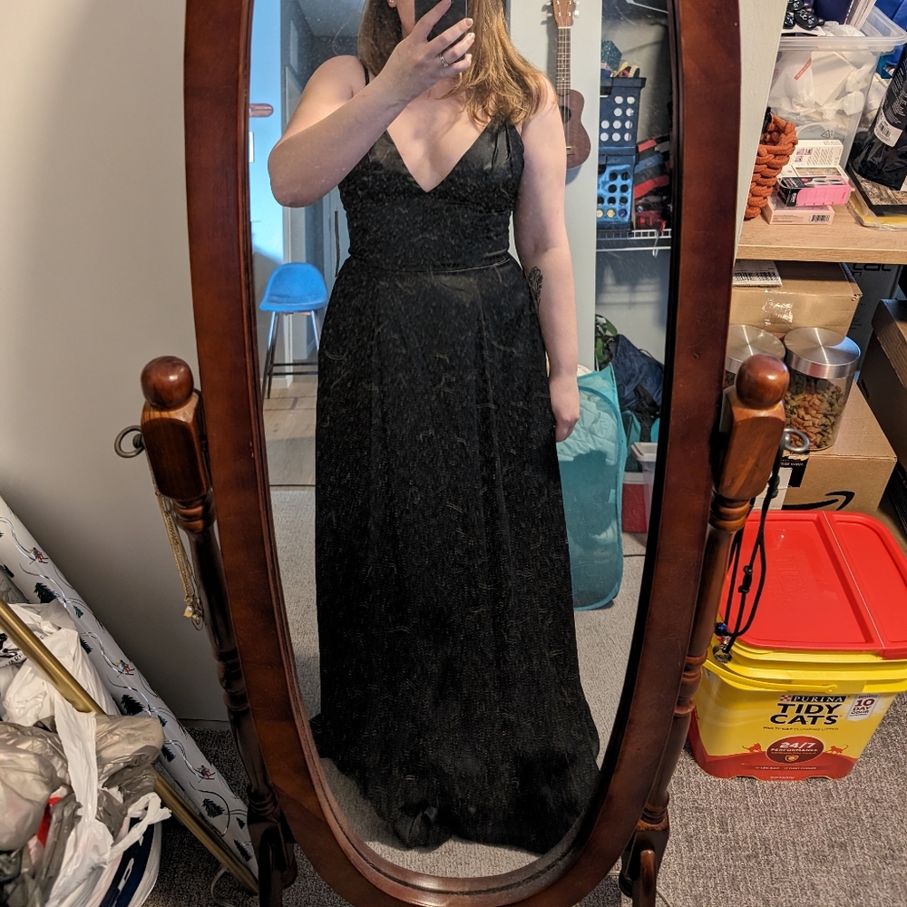 charmeuse deep v-neck a-line bridesmaid dress in BLACK